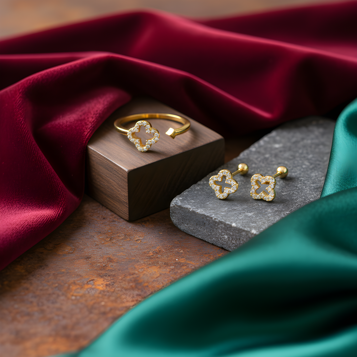 Ameya - The Clover Bundle (Ring + Earring) 18K Gold Plated on 925 Sterling Silver