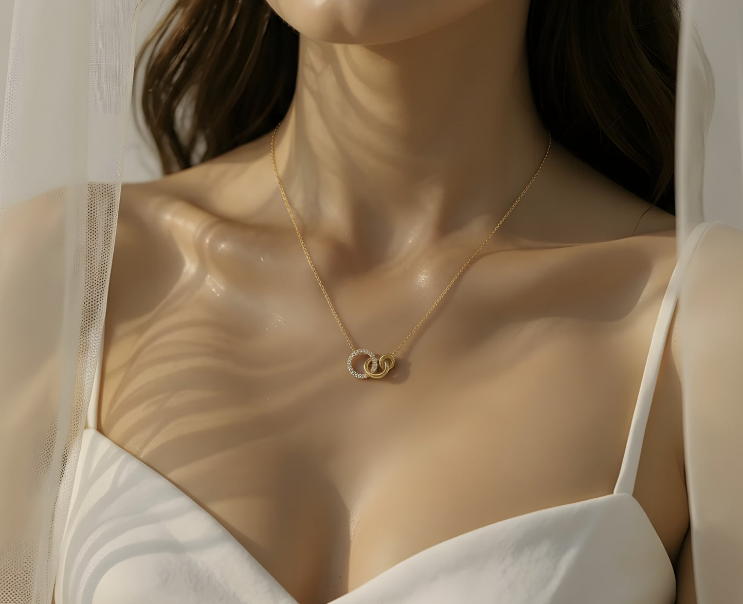 Ameya Interlocking Circles Necklace, 18K Gold Plated with Crystal Accents, Dainty Chain