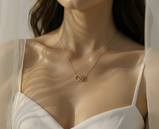 Ameya Interlocking Circles Necklace, 18K Gold Plated with Crystal Accents, Dainty Chain