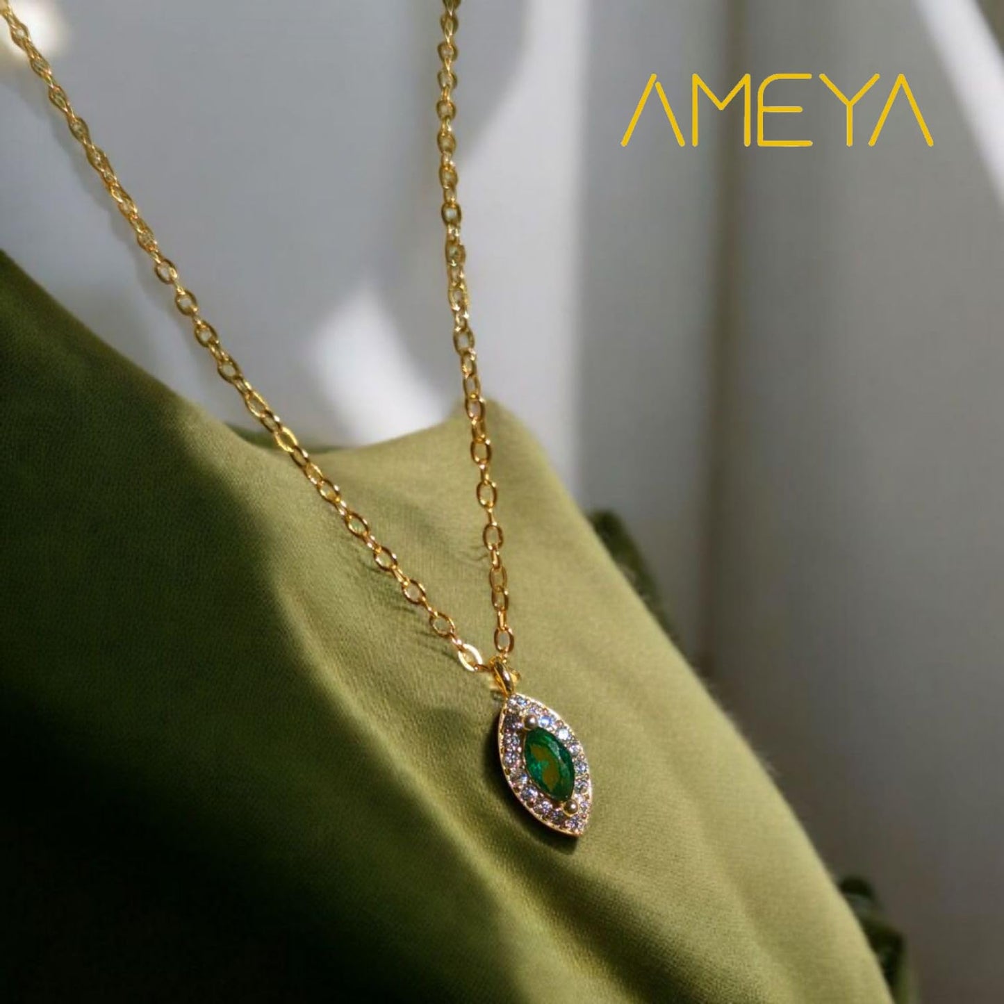 14k Gold-Plated Sterling Silver Necklace with Emerald Pendant & Crystal Accents – Elegant Marquise Design, Delicate Luxury Jewelry