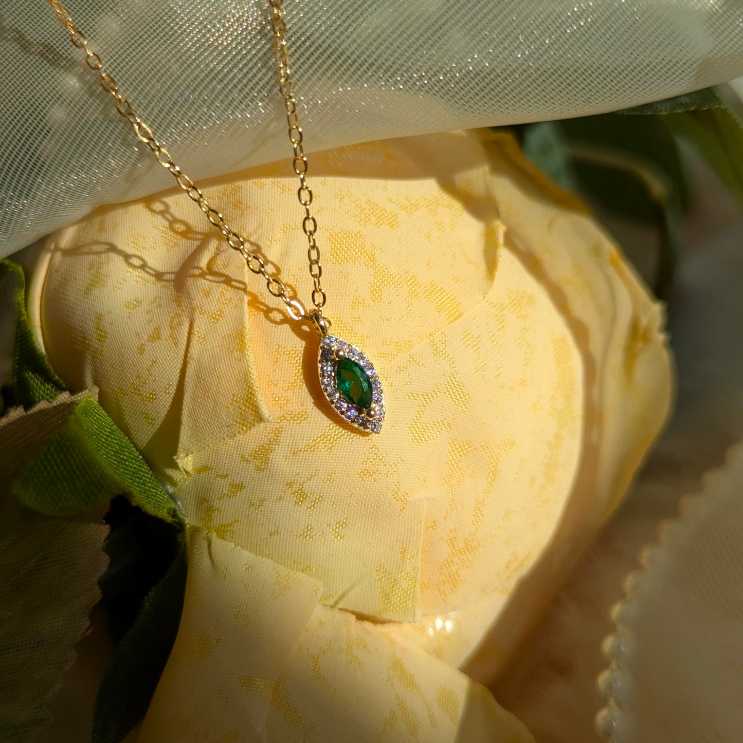 14k Gold-Plated Sterling Silver Necklace with Emerald Pendant & Crystal Accents – Elegant Marquise Design, Delicate Luxury Jewelry