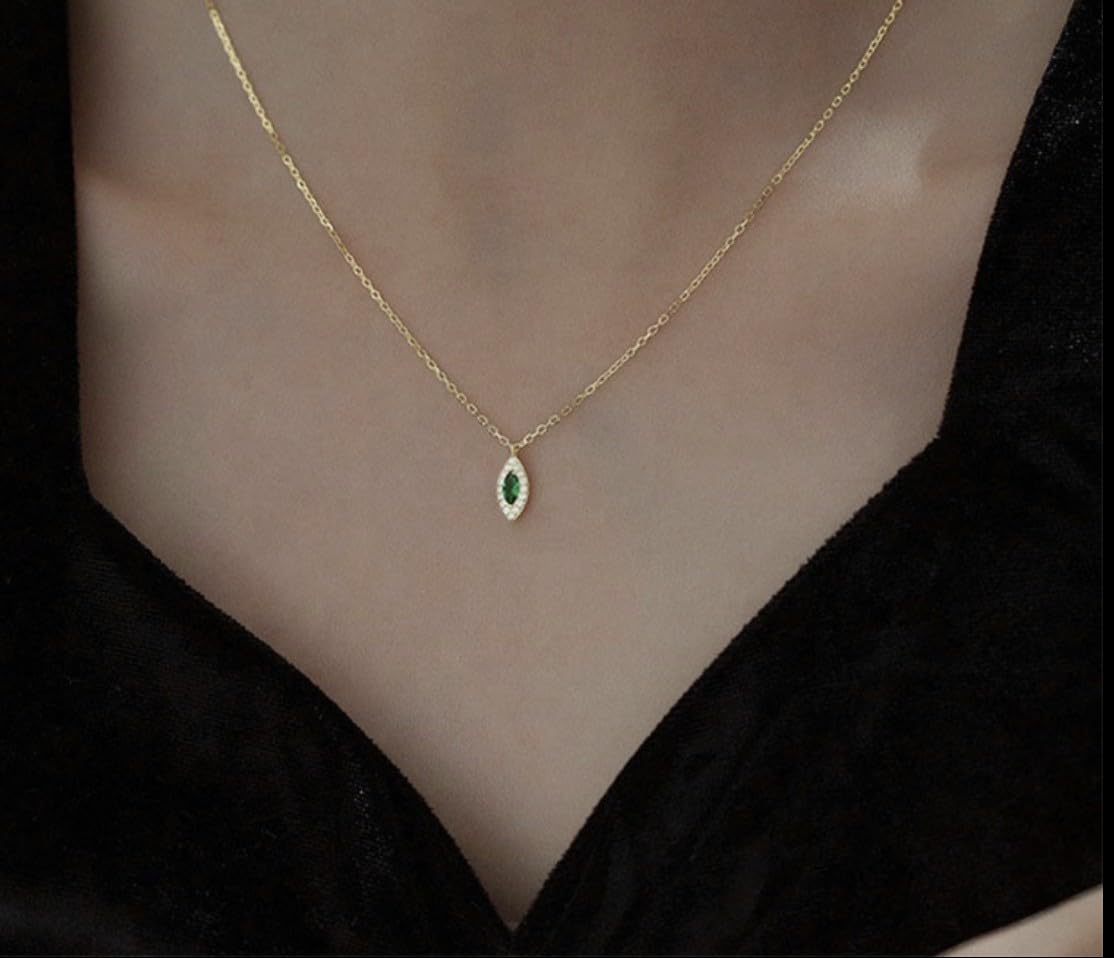 14k Gold-Plated Sterling Silver Necklace with Emerald Pendant & Crystal Accents – Elegant Marquise Design, Delicate Luxury Jewelry