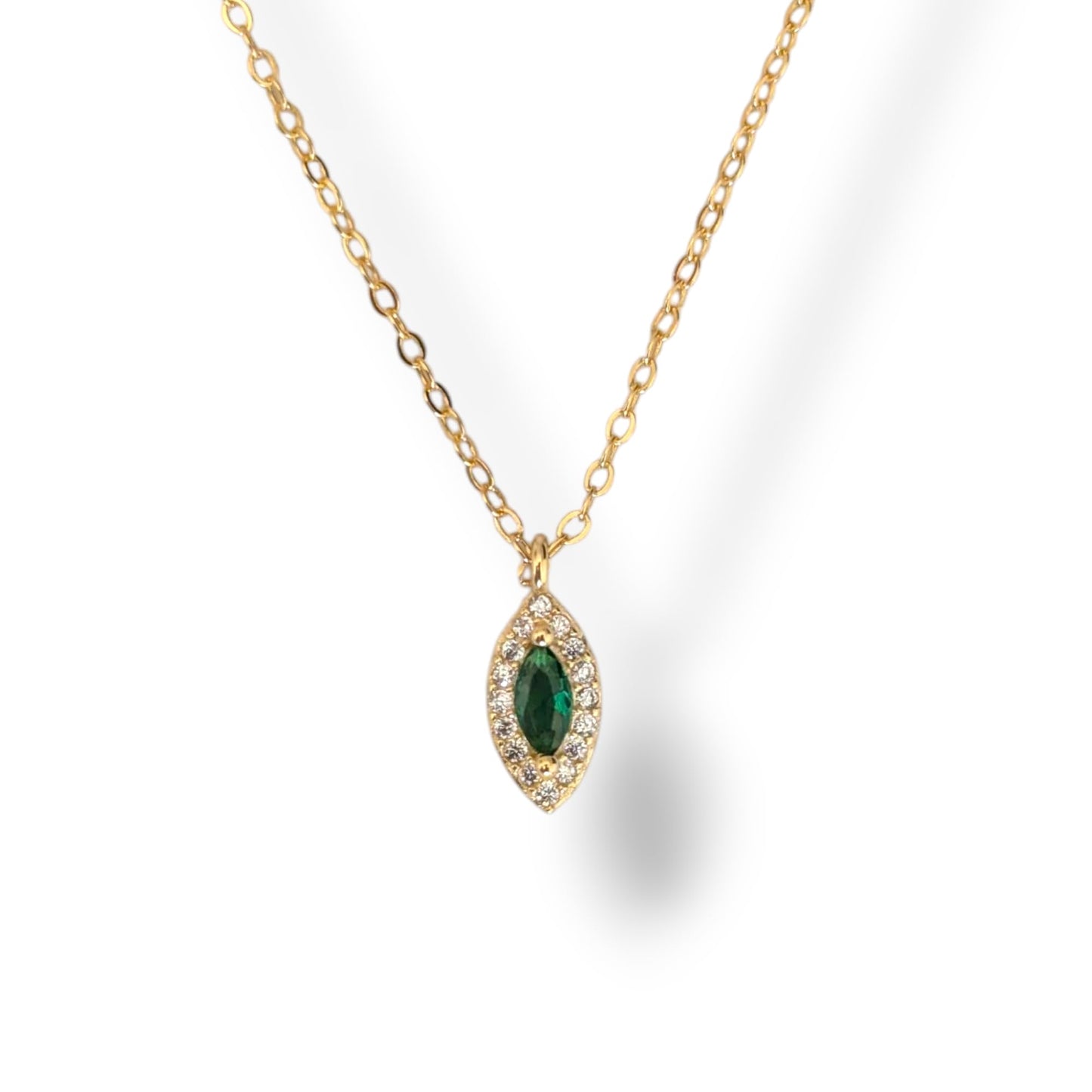 14k Gold-Plated Sterling Silver Necklace with Emerald Pendant & Crystal Accents – Elegant Marquise Design, Delicate Luxury Jewelry
