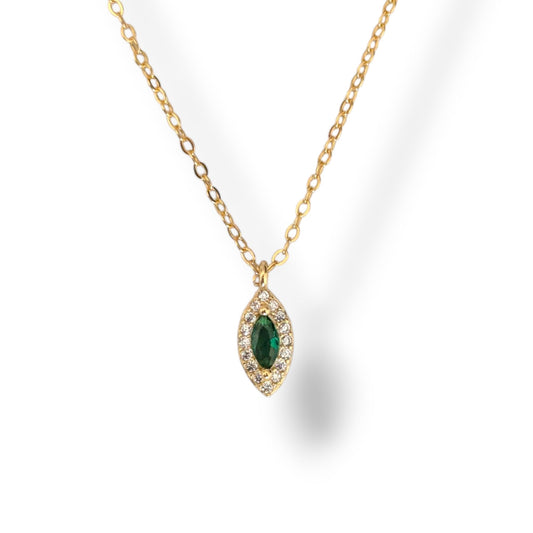 14k Gold-Plated Sterling Silver Necklace with Emerald Pendant & Crystal Accents – Elegant Marquise Design, Delicate Luxury Jewelry