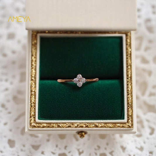 Ameya 925 Sterling Silver Four Leaf Clover Ring, Korean Style Minimalist Design, Dainty Crystal Finger Ring