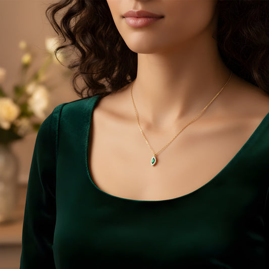 Ameya 14k Gold-Plated Sterling Silver Necklace with Emerald Pendant & Crystal Accents – Elegant Marquise Design, Delicate Luxury Jewelry