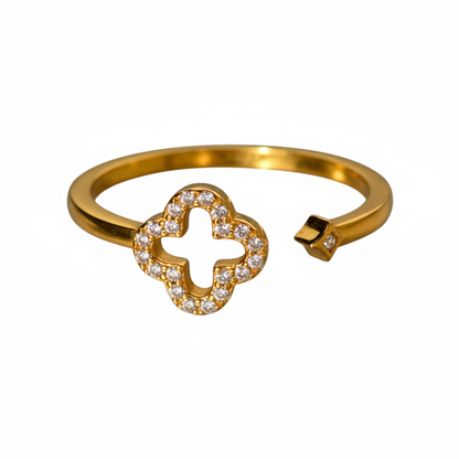 Ameya 18K Gold Plated Four-Leaf Clover Ring, Adjustable, Cubic Zirconia Crystal, Sterling Silver