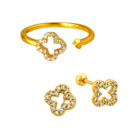 Ameya - The Clover Bundle (Ring + Earring) 18K Gold Plated on 925 Sterling Silver